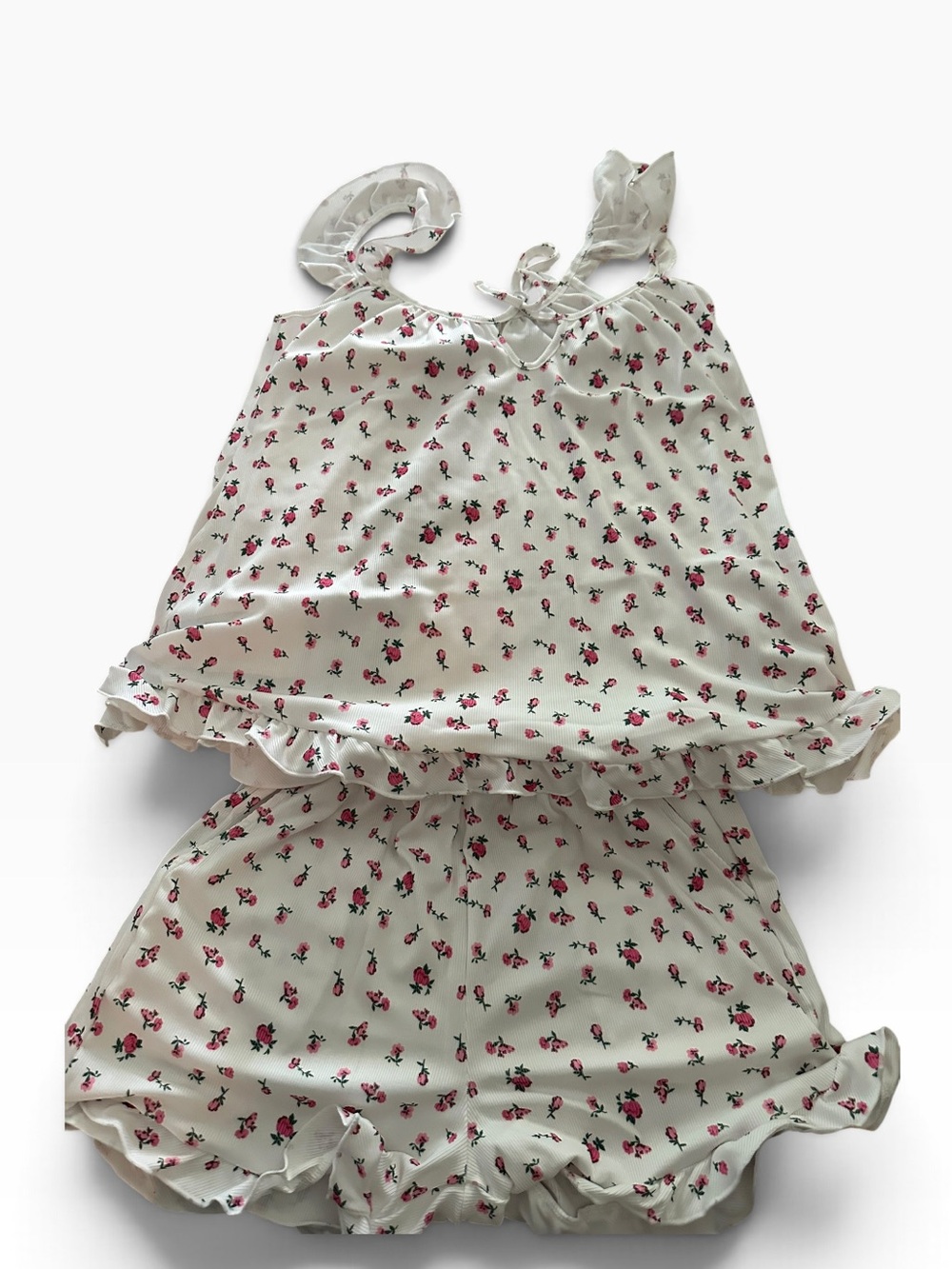 Women’s Cream Floral Ruffle Tank & Shorts Set